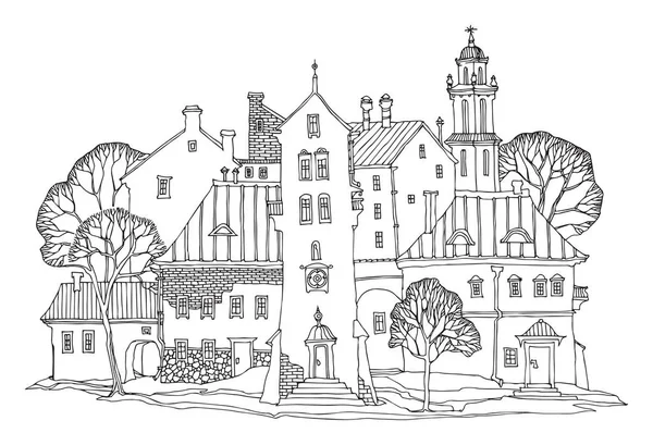 Mignonnes Maisons Dessinées Main Avec Fenêtres Boîtier Doodle Illustration Vectorielle — Image vectorielle