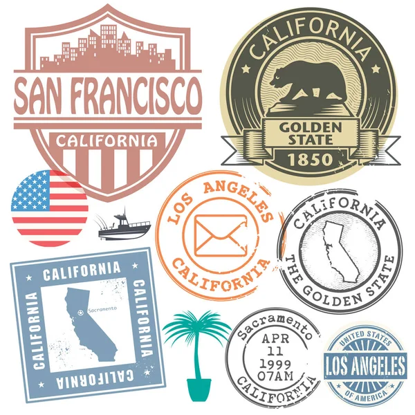 Set Francobolli Etichette Con Testo Los Angeles California Scritto All — Vettoriale Stock