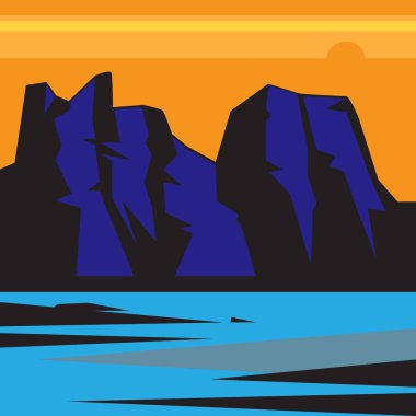 Dağlar ve su ile açık sefer poster. Tırmanma, Trekking, yürüyüş, dağcılık amblemi. Vektör çizim