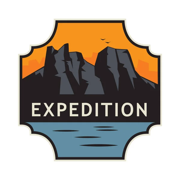 Outdoor Expedition Label Mountains Water Climbing Trekking Hiking Mountaineering Emblem — Stock Vector