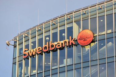 Vilnius, October 31: The Office and logo of Swedbank on October 31, 2018 in Vilnius Lithuania. Swedbank is the leading bank in Sweden Estonia Latvia and Lithuania clipart