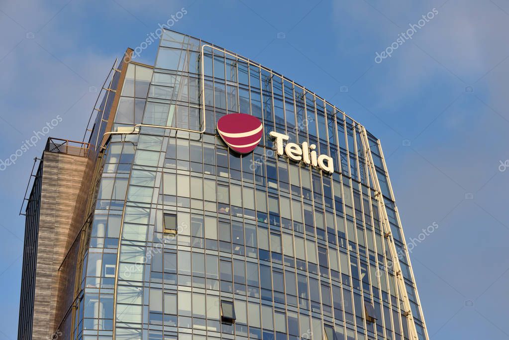 Vilnius, October 31: Telia logo on a building on October 31, 2018 in Vilnius, Lithuania. Telia is a Swedish dominant telephone company and mobile network operator present in Sweden, Finland and Baltic States