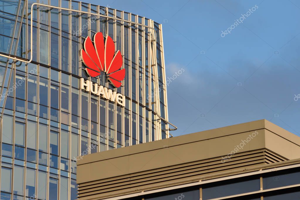 Vilnius, October 31: Huawei logo on a building on October 31, 2018 in Vilnius, Lithuania. Huawei is a Chinese multinational networking and telecommunications equipment and services company