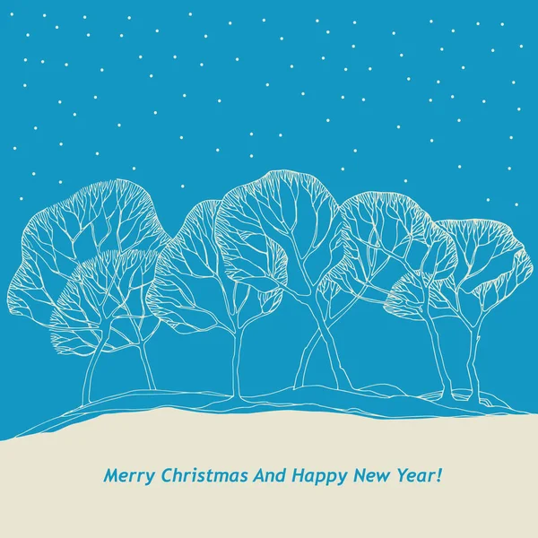 Weihnachtskarte Mit Baum Und Winterhintergrund Mit Schnee Und Schneeflocken — Stockvektor