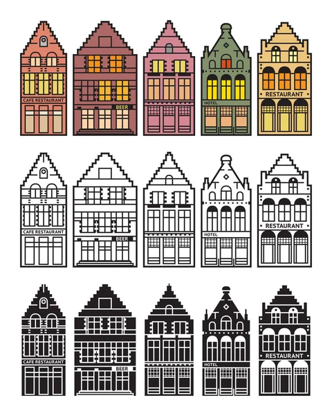 欧洲五颜六色的房子在白色背景 荷兰风格可爱的房子在扁平风格 矢量插图 — 图库矢量图片