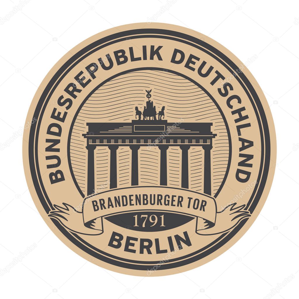 Stamp with Brandenburg gate and the words Berlin, Republic of Germany (on german language) written inside, vector illustration