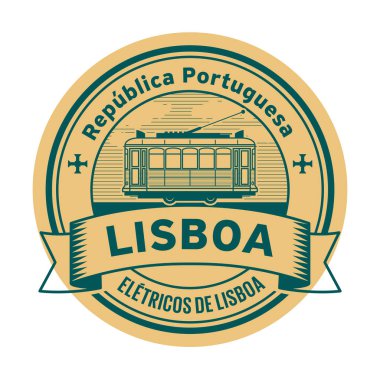 Tramvay ve kelime Lizbon, Portekiz Cumhuriyeti, vektör çizim içinde yazılı (üzerinde Portekizce dil) Lizbon tramvay damga
