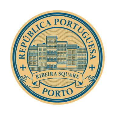 Ribeira bölge binaları ile damga ve içinde yazılan sözcükler Porto, Portekiz Cumhuriyeti, illüstrasyon vektör