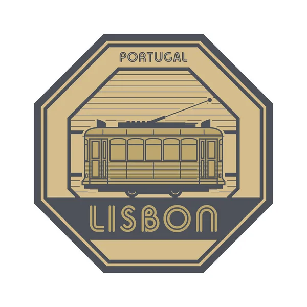 Sello Con Tranvía Las Palabras Lisboa Portugal Escrito Interior Ilustración — Vector de stock