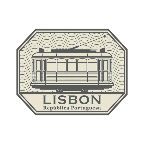 Sello Con Tranvía Las Palabras Lisboa República Portuguesa Lengua Portuguesa — Vector de stock