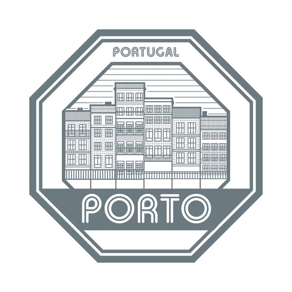 Znaczek Budynków Dzielnicy Ribeira Słowa Porto Portugalia Napisane Środku Wektor — Wektor stockowy