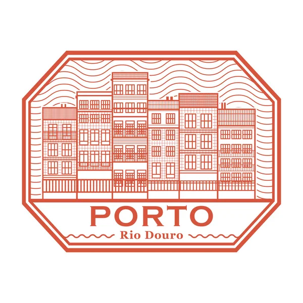 Bélyegző Épületek Ribeira Negyed Porto Douro Folyó Írt Szavak Belsejében — Stock Vector