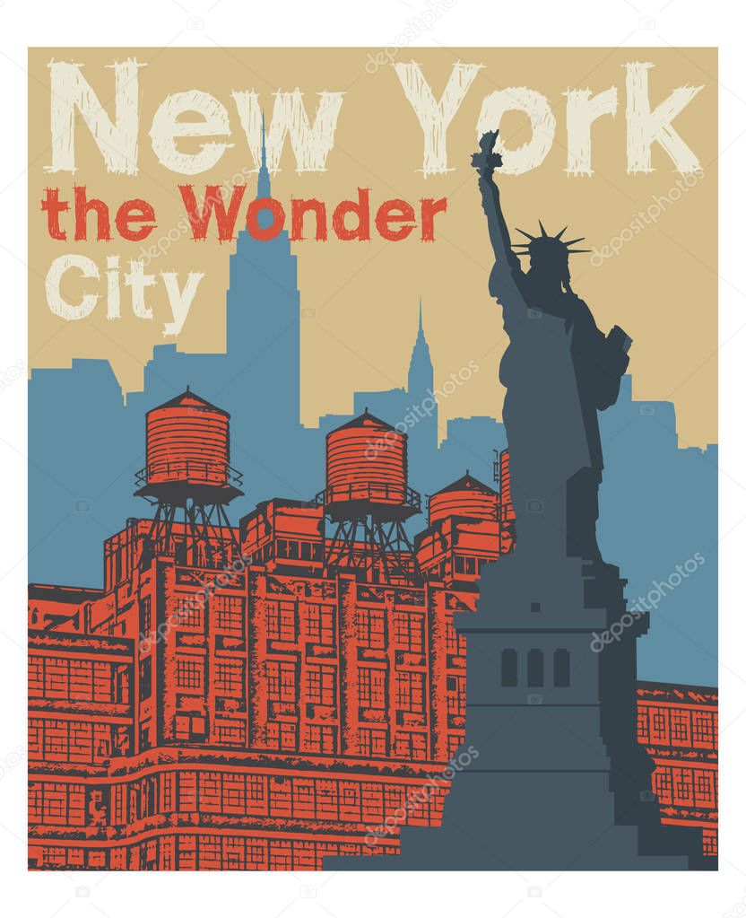 Manhattan, New York city, silhouette illustration in flat design, t-shirt print design or poster, vector illustration