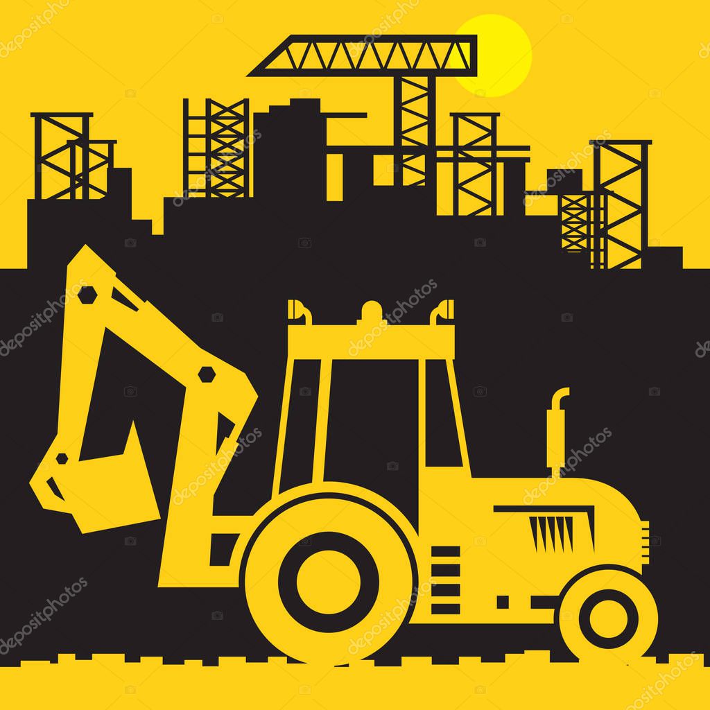 Digger, Construction power machinery, Excavator abstract sign or symbol, vector illustration