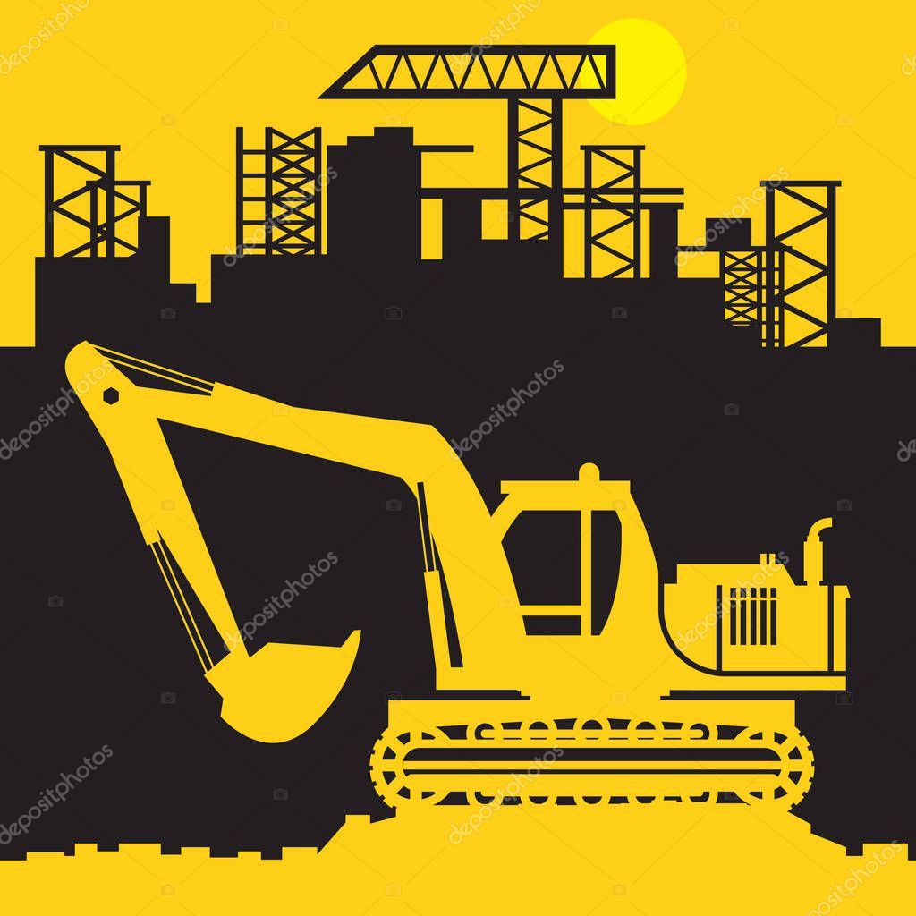 Digger, Construction power machinery, Large Excavator abstract sign or symbol, vector illustration