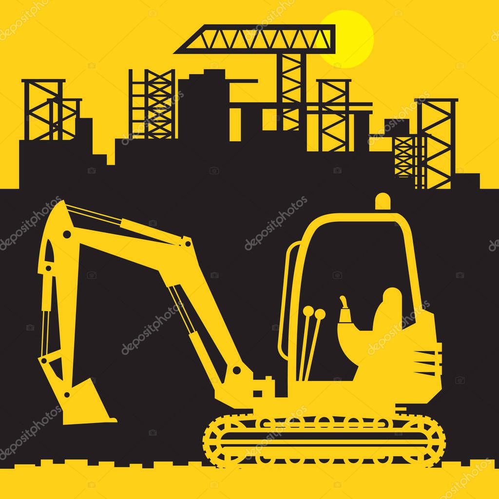 Digger, Construction power machinery, Small Excavator abstract sign or symbol, vector illustration