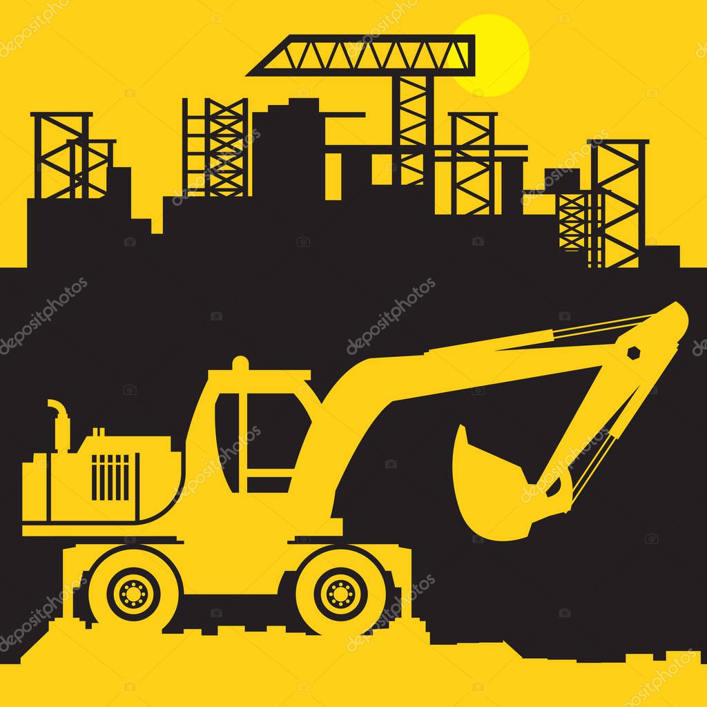 Digger, Construction power machinery, Large Excavator abstract sign or symbol, vector illustration
