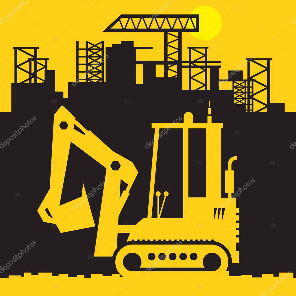 Digger, Construction power machinery, Small Excavator abstract sign or symbol, vector illustration
