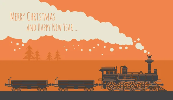 Weihnachtskarte Mit Einem Oldtimer Dampfzug Vektorillustration — Stockvektor