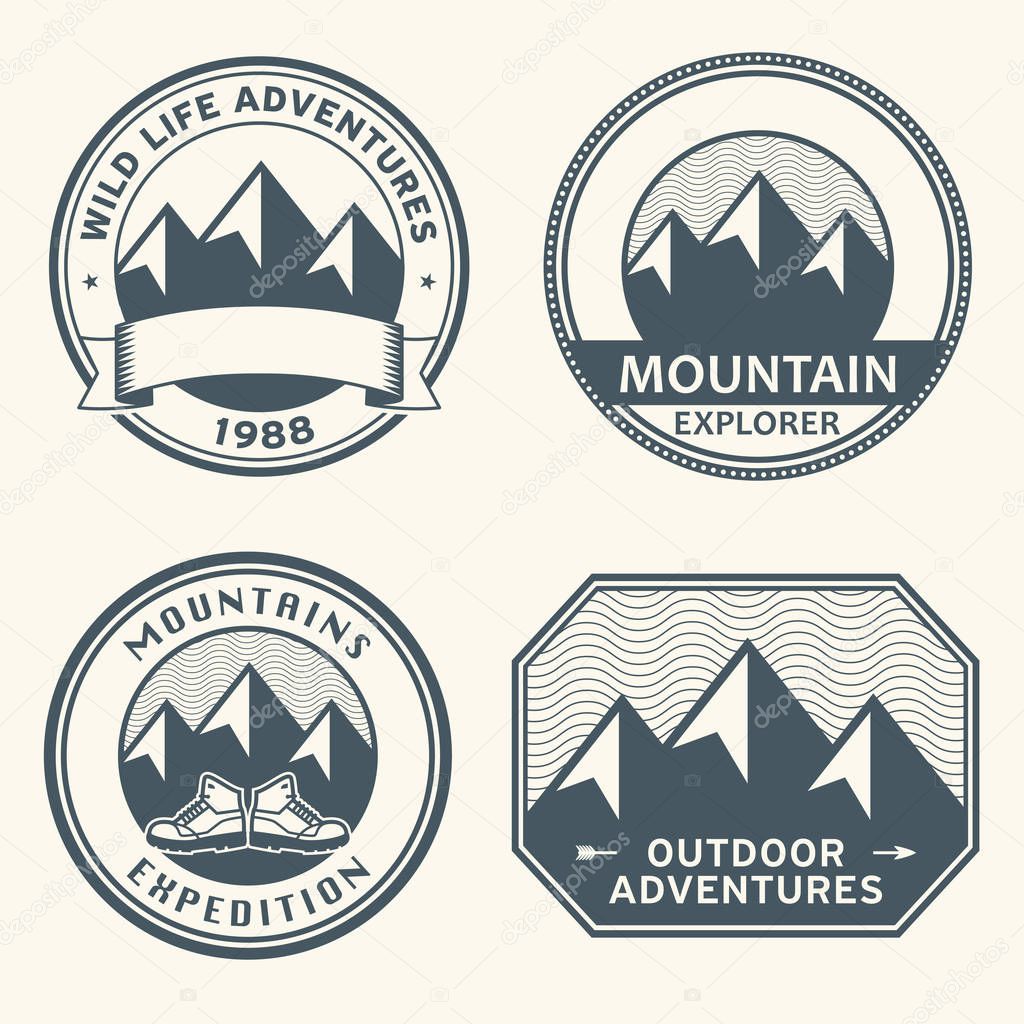 Mountain wild adventure signs or stamps set, vector illustration