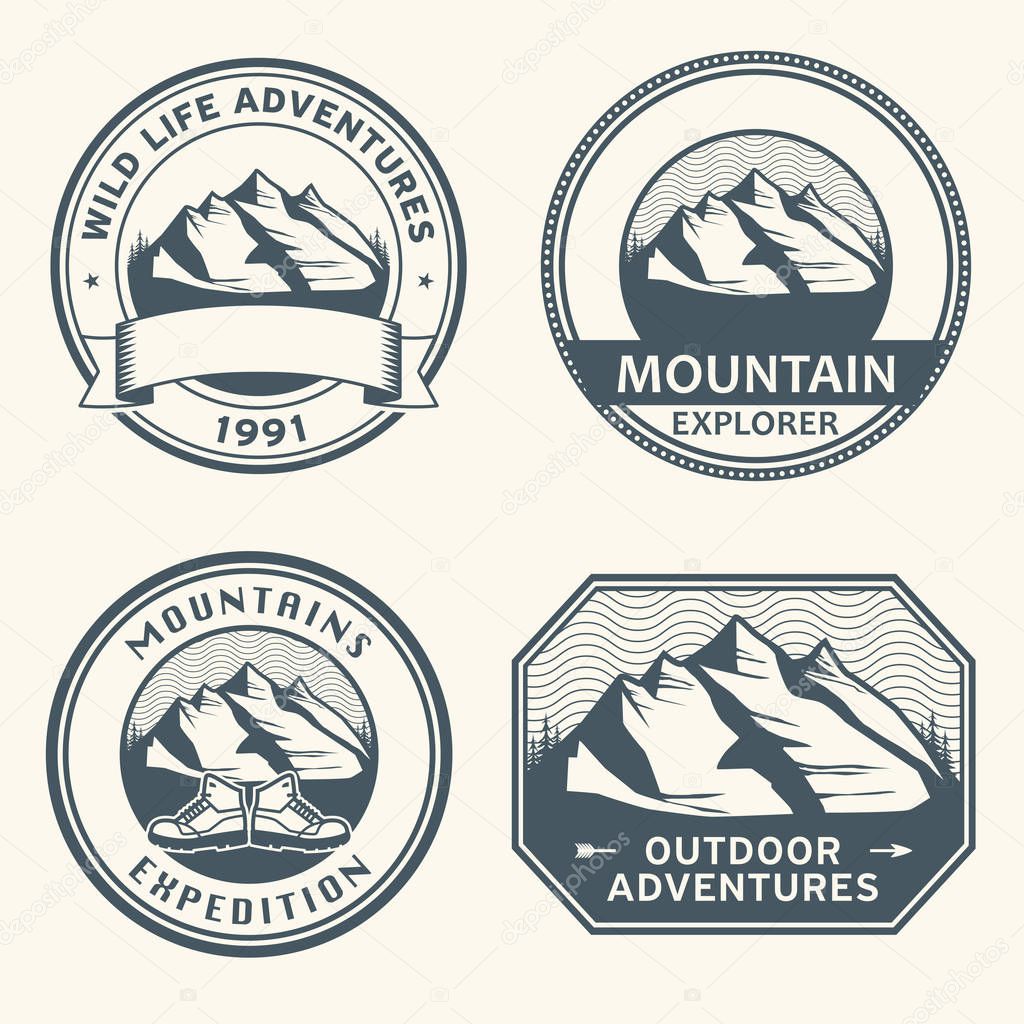 Mountain wild adventure signs or stamps set, vector illustration