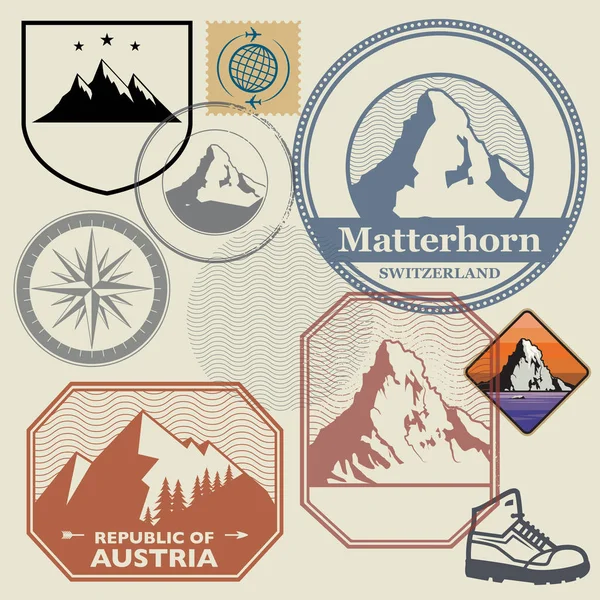 Sellos Insignias Postales Retro Engarzados Con Las Montañas Expedición Aire — Vector de stock