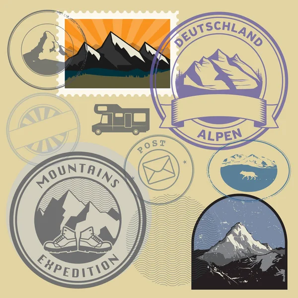 Ρετρό Γραμματόσημα Κονκάρδες Βουνά Εξωτερική Αποστολή Βουνό Περιπέτεια Σημάδια Σύμβολα — Διανυσματικό Αρχείο