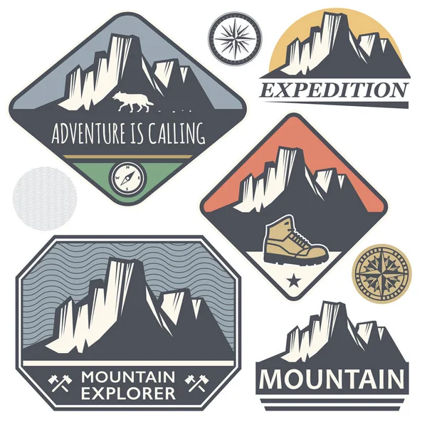 Set Mountain Outdoor Adventures Signs Stamps Labels Vector Illustration — Stock Vector