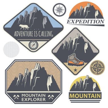 Dağ vahşi macera işaretleri veya pul ayarla, illüstrasyon vektör