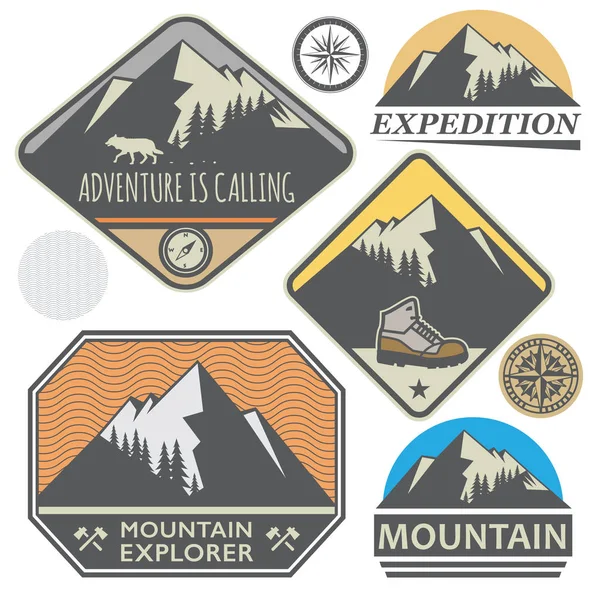 Dağ vahşi macera işaretleri veya pul ayarla, illüstrasyon vektör