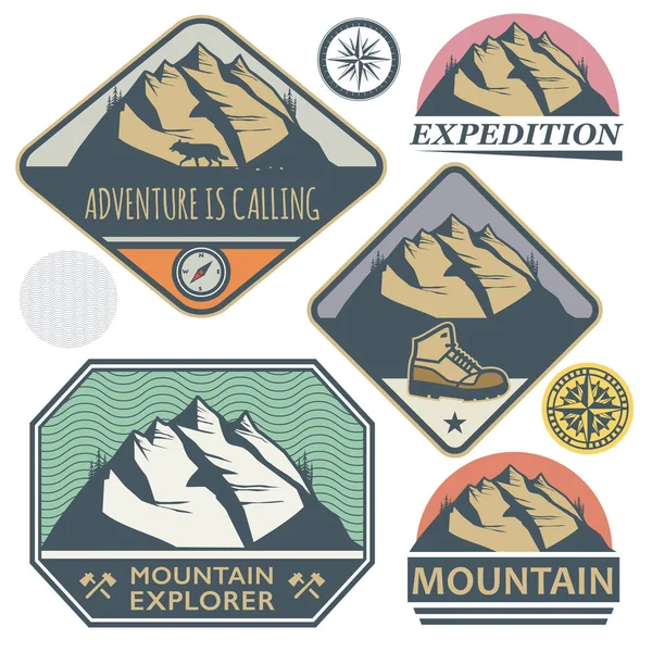 Dağ vahşi macera işaretleri veya pul ayarla, illüstrasyon vektör