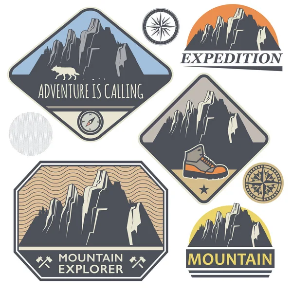 Dağ vahşi macera işaretleri veya pul ayarla, illüstrasyon vektör