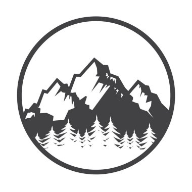 Dağ logo, etiket, rozet ve diğer tasarım. Açık macera işareti veya simge, vektör çizim