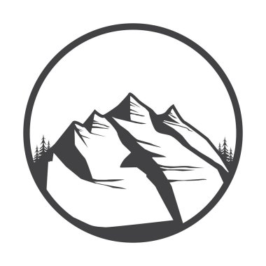 Dağ logo, etiket, rozet ve diğer tasarım. Açık macera işareti veya simge, vektör çizim