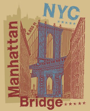 Manhattan, New York'ta, düz tasarım, tişört baskı tasarımı veya poster, siluet çizimde illüstrasyon vektör