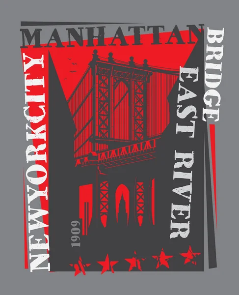 Manhattan Köprüsü New York City Siluet Illüstrasyon Düz Tasarım Shirt — Stok Vektör
