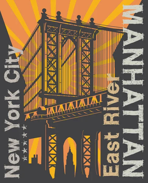 Manhattan Bridge New York City Silhouette Illustration Flat Design Shirt — Stock Vector