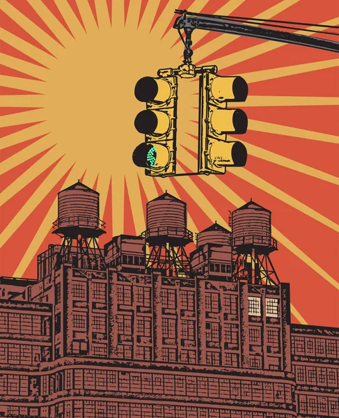 マンハッタン ニューヨーク市 街路灯 フラットなデザイン シャツのプリント デザイン ポスター シルエット イラスト ベクトル — ストックベクタ