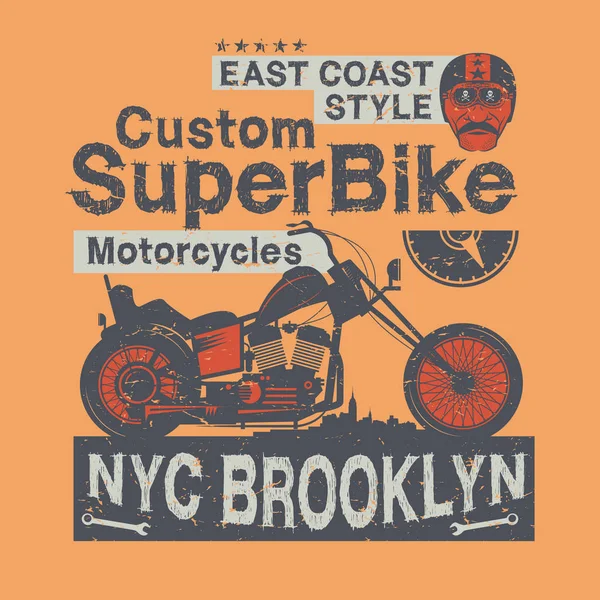 テキスト カスタム スーパー バイク 東海岸スタイルのオートバイのポスター 自転車のイベントや祭りのポスター ベクトル図 — ストックベクタ