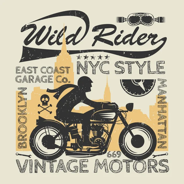 Cartel Motocicleta Con Texto Wild Rider Motores Vintage Camiseta Ciclistas — Vector de stock