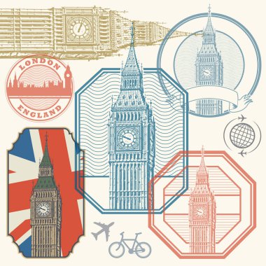 Westminster Sarayı ve Elizabeth Tower - ünlü Londra Simgesel Yapı ile soyut pullar illüstrasyon vektör