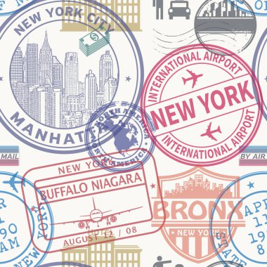 Vize pasaport ve metin New York, Manhattan, Buffalo, Bronx, göçmenlik işaretler, Havaalanı seyahat, vektör çizim üzerinde lastik pullar ile Seamless modeli
