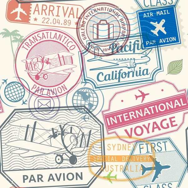 Seamless Pattern Visa Rubber Stamps Passport Text Par Avion First — Stock Vector