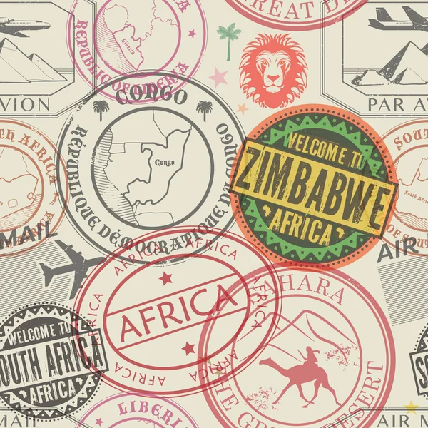 Seamless Mönster Med Visum Stämplar Pass Med Text Afrika Zimbabwe — Stock vektor