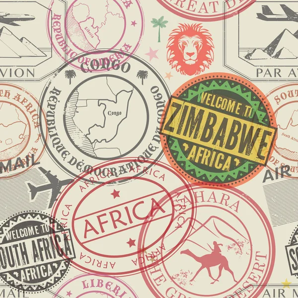 Seamless pattern with visa rubber stamps on passport with text Africa, Zimbabwe, Congo, South Africa, Sahara, immigration signs, airport travel, vector illustration