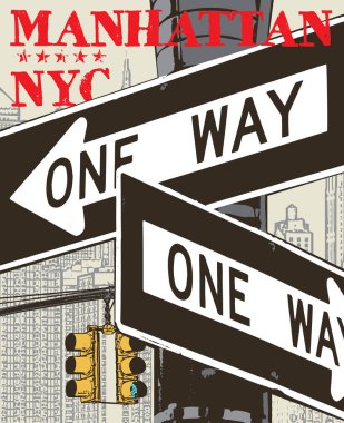 Manhattan, New York'ta, düz tasarım, tişört baskı tasarımı veya poster, siluet çizimde illüstrasyon vektör