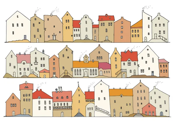 Mignonnes Maisons Dessinées Main Avec Fenêtres Boîtier Doodle Illustration Vectorielle — Image vectorielle