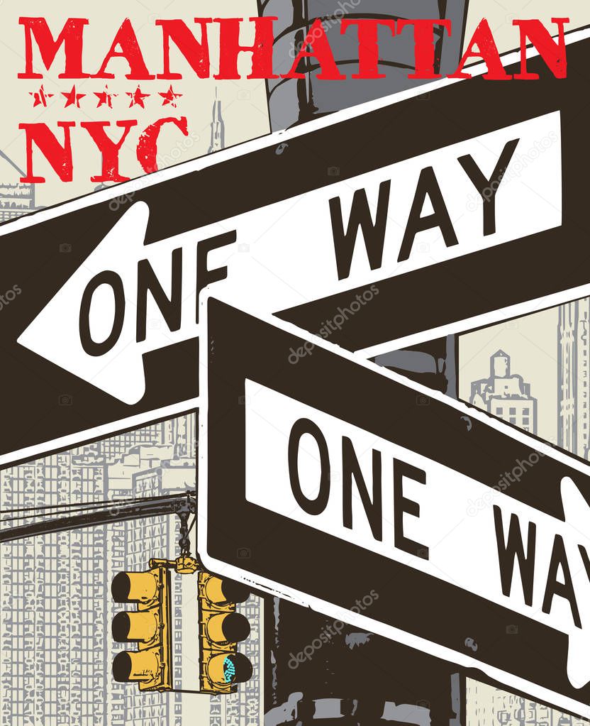 Manhattan, New York city, silhouette illustration in flat design, t-shirt print design or poster, vector illustration