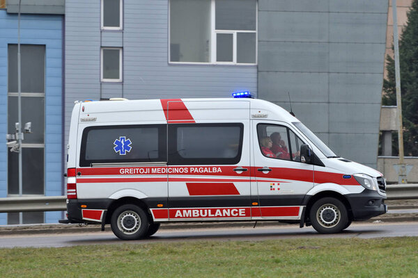 Vilnius, Lithuania - February 16: ambulance car on street of Vilnius on February 16, 2019. Vilnius is the capital of Lithuania and its largest city.