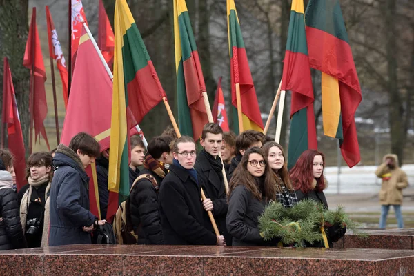 2019 日リトアニア ヴィリニュスのリトアニアの独立の日の国立祭典でフラグを持って集まったビリニュス リトアニア 身元不明者 — ストック写真